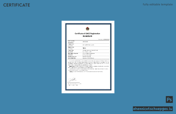 Türkei GACC-Registrierungszertifikat PSD-Beispiel Beispielvorschau